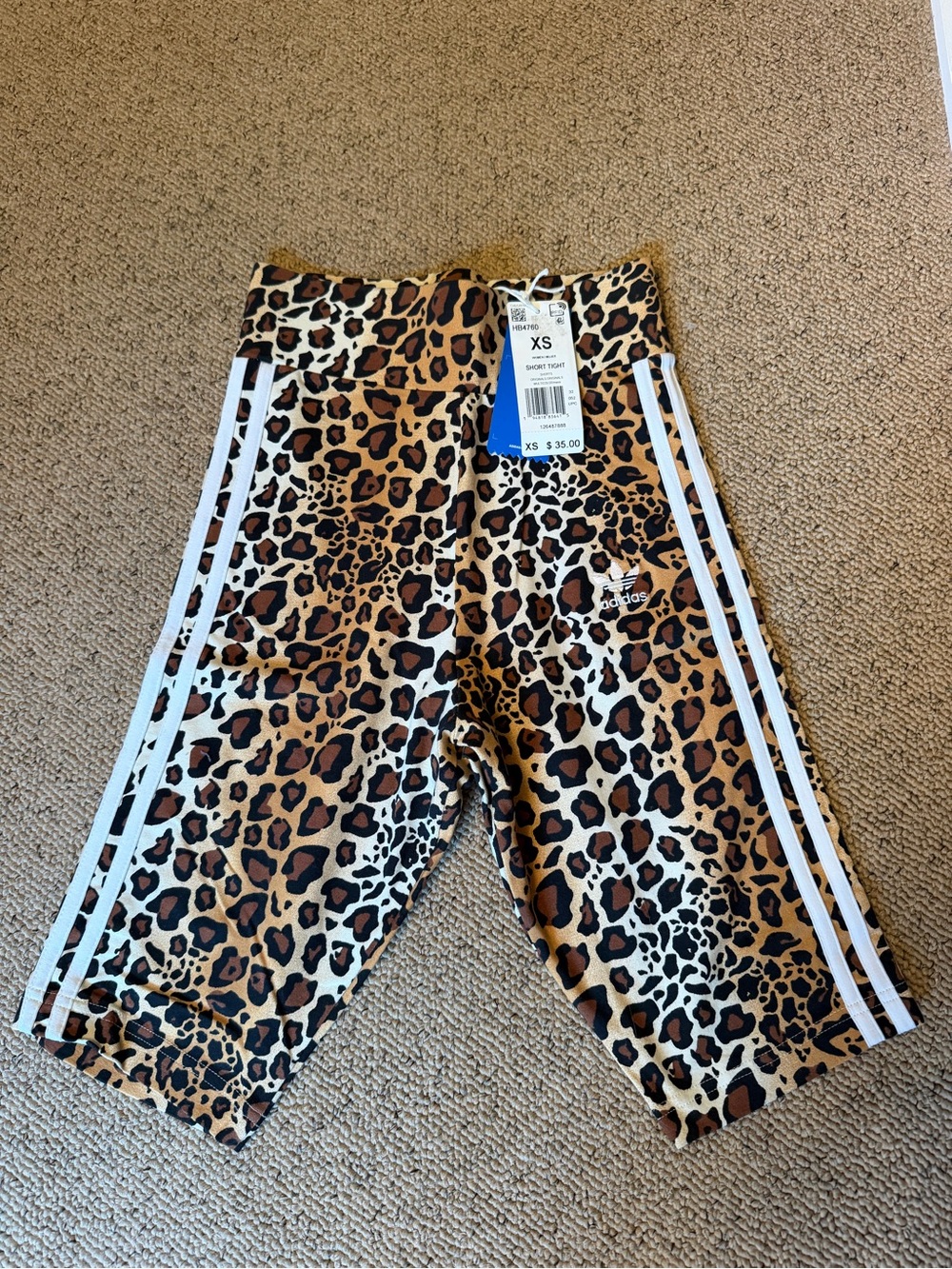 Adidas Leopard Print Bike Shorts with White Stripes - Brown